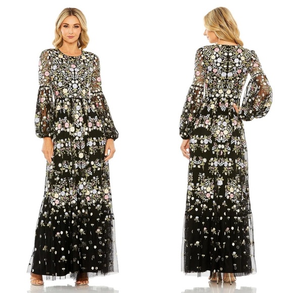 Mac Duggal High Neck Floral Embroidered Long Puff Sleeve Dress - 4 - Picture 1 of 5